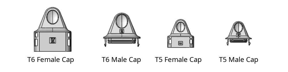 Waterproof cable caps: T6 female, T6 male, T5 female and T5 male