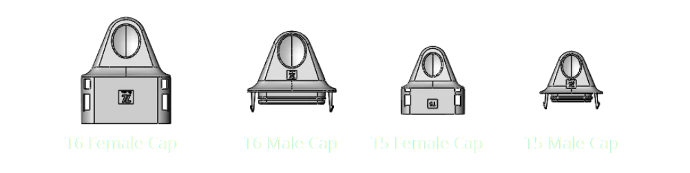 Waterproof cable caps: T6 female, T6 male, T5 female and T5 male