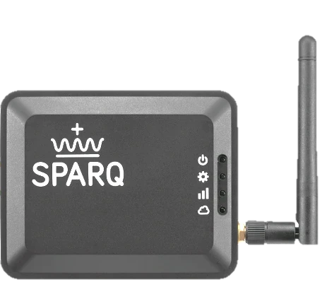 The SparqLinq gateway, a small grey box with the SPARQ crown and an antenna